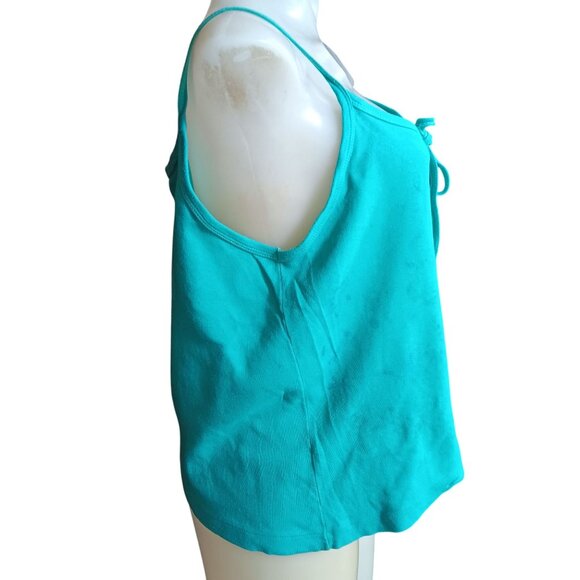 Large 1970's Single Stitch Turquoise Sleeveless Tie-Front Crop Top T-shirt - Picture 4 of 7